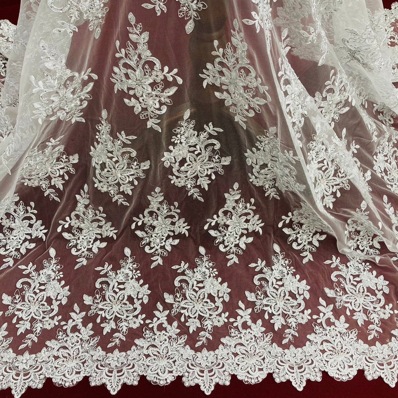 Beaded & Corded Bridal Lace Fabric Embroidered on 100% Polyester Net Mesh | Lace USA - 96983W-HB