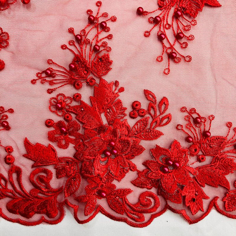 Beaded 3D Floral Lace Fabric Embroidered on 100% Polyester Net Mesh | Lace USA - GD-031