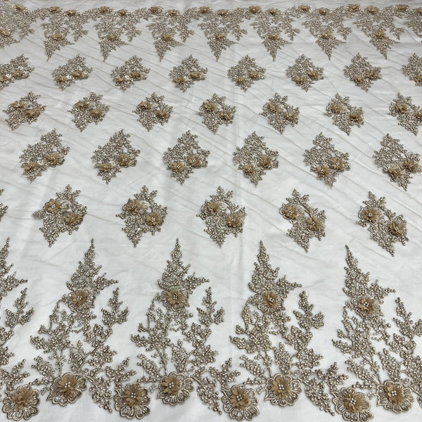 Beaded 3D Floral Lace Fabric Embroidered on 100% Polyester Net Mesh | Lace USA - GD-75