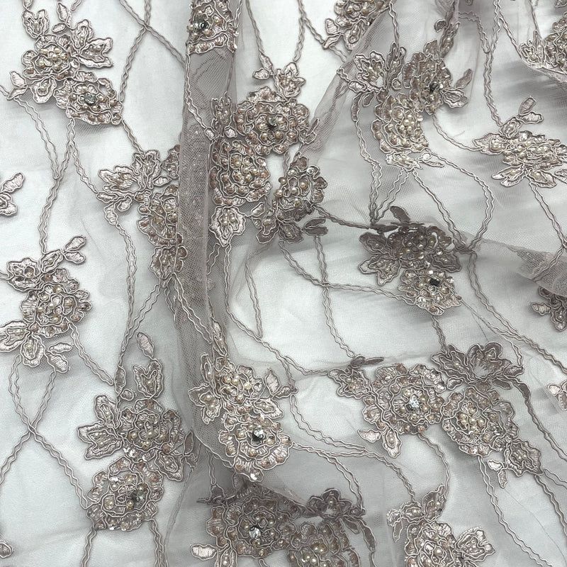 Beaded & Corded Bridal Fabric Lace Embroidered on 100% Polyester Net Mesh | Lace USA - GD-381