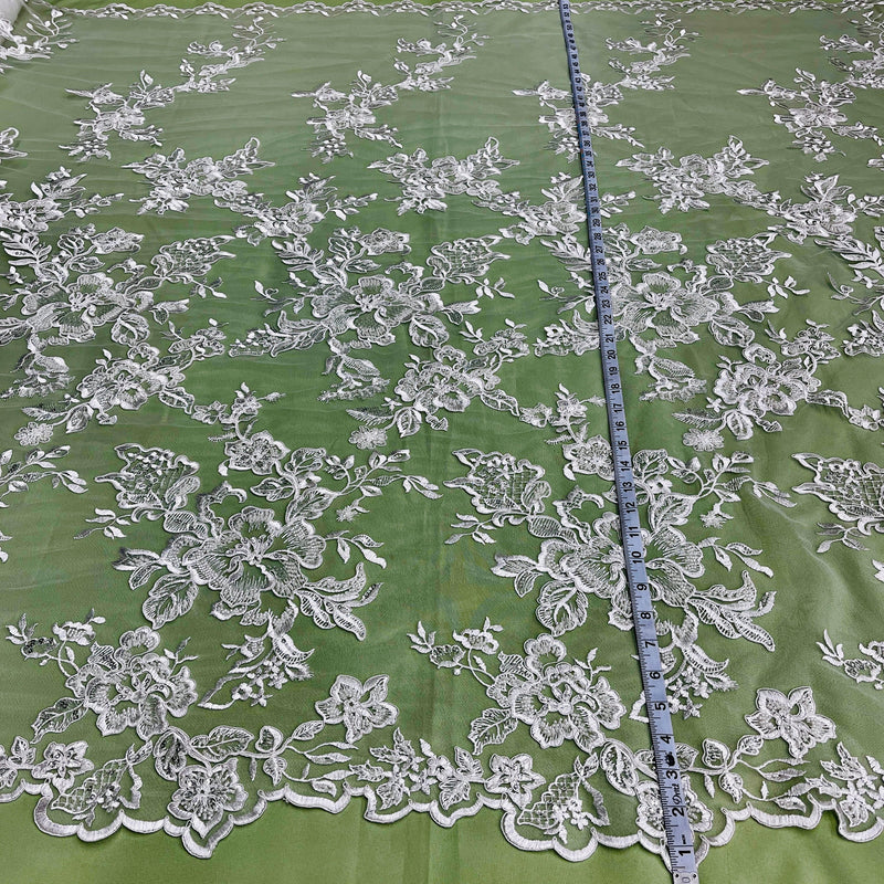 Beaded & Corded Bridal Lace Fabric Embroidered on 100% Polyester Net Mesh | Spandex Palace- 97126W-HB