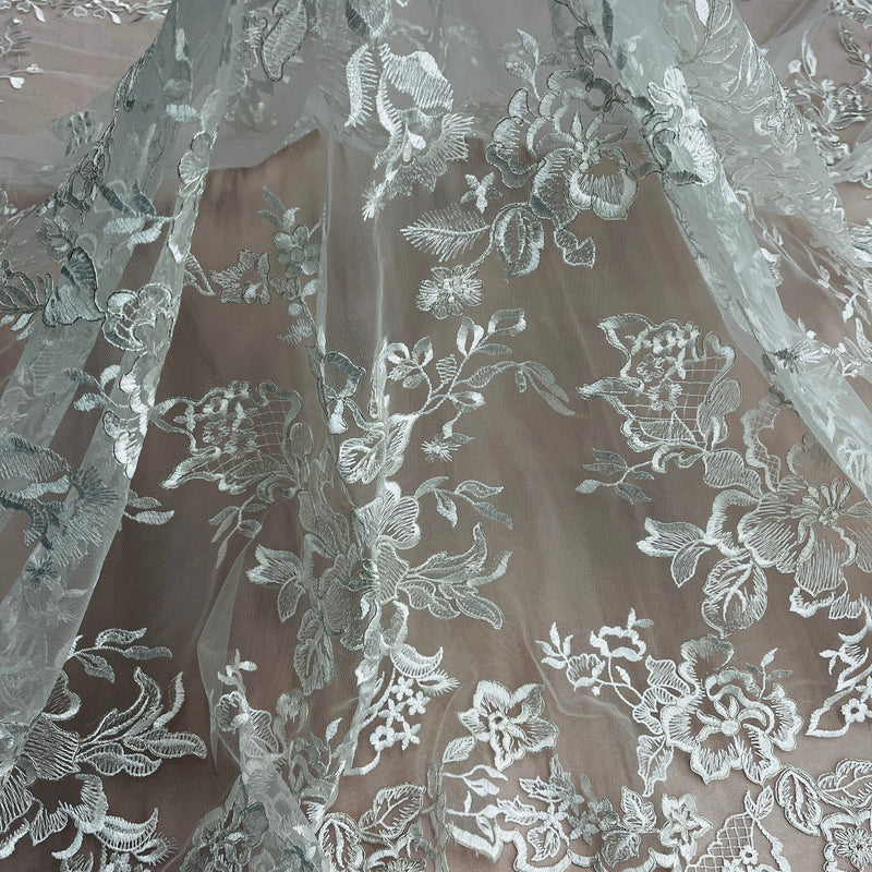 Corded Bridal Lace Fabric Embroidered on 100% Polyester Net Mesh | Lace USA - 97126W