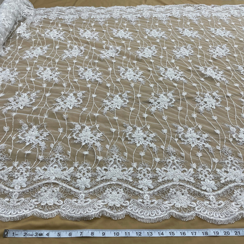 Beaded & Corded Bridal Lace Fabric Embroidered on 100% Polyester Net Mesh | Lace USA - GD-1815