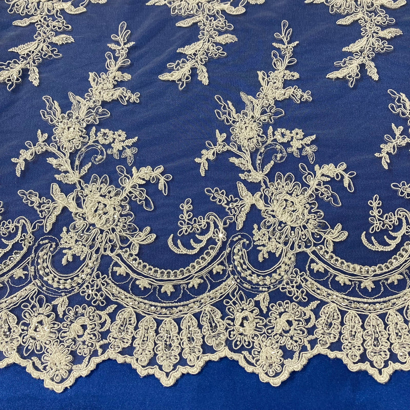 Beaded & Corded Bridal Fabric Lace Embroidered on 100% Polyester Net Mesh | Lace USA - 96979W-HB