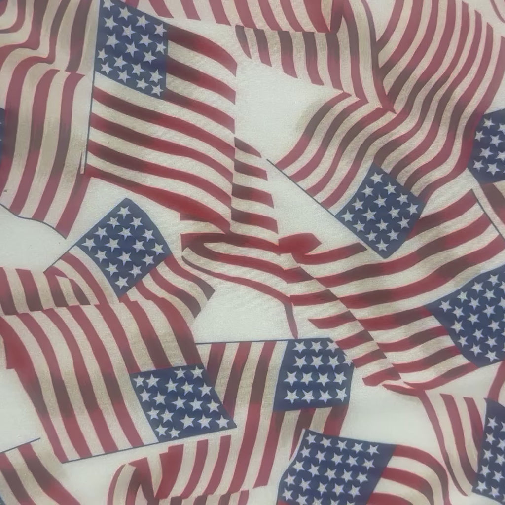 US Flag Print Spandex | Professional 4-Way Stretch Patriotic Fabric | Spandex Palace Red White Blue