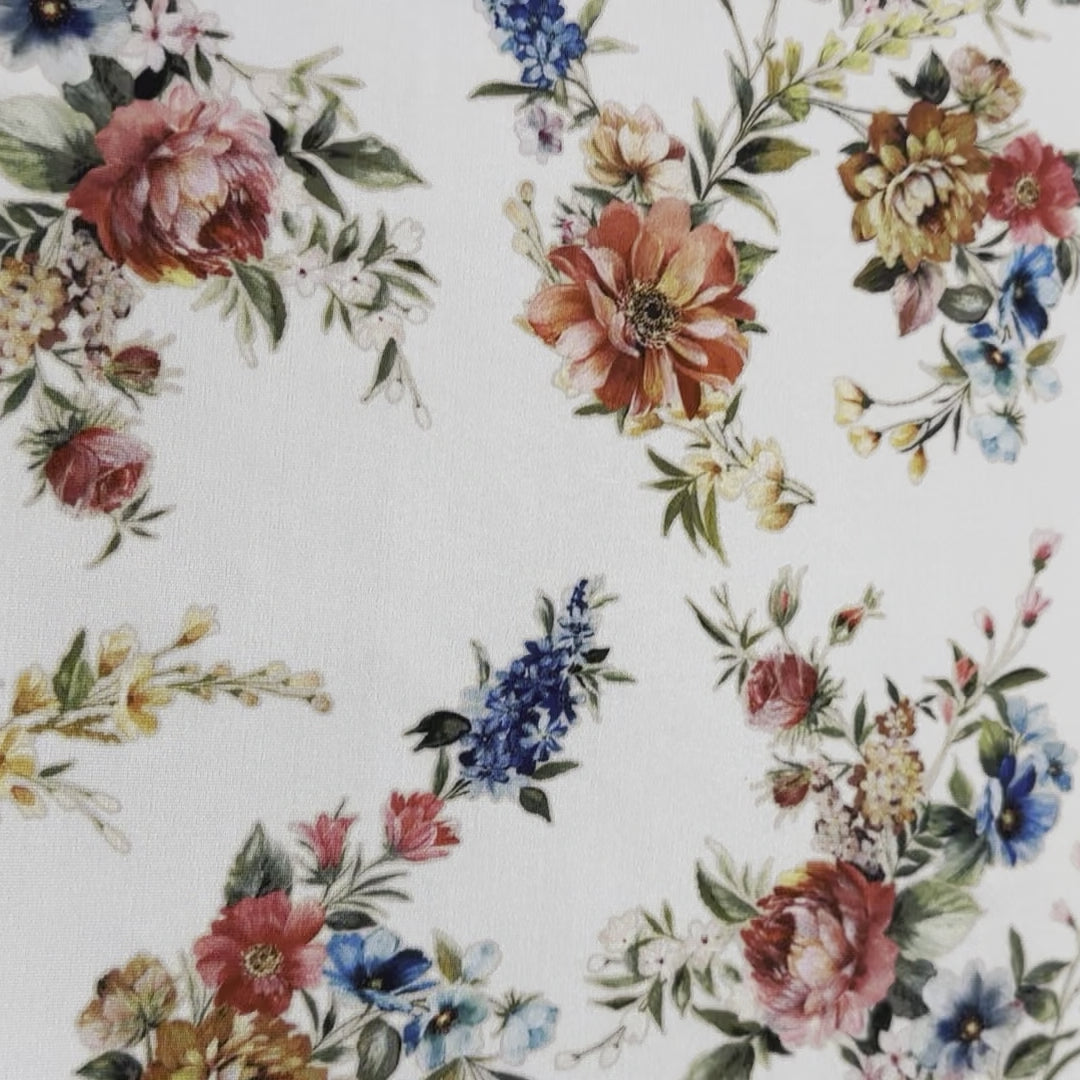Stretch Polyester Spandex Spring Time Paper Print Fabric | Spandex Palace White Base