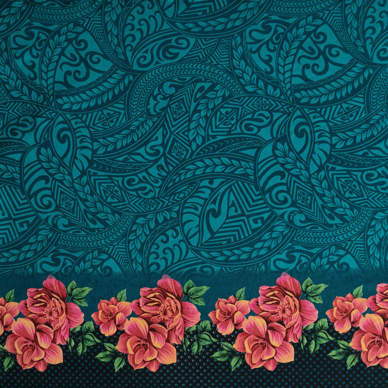 Traditional Polynesian Tattoo Rose Polka Dot border Fabric | Peachskin  |  Spandex Palace