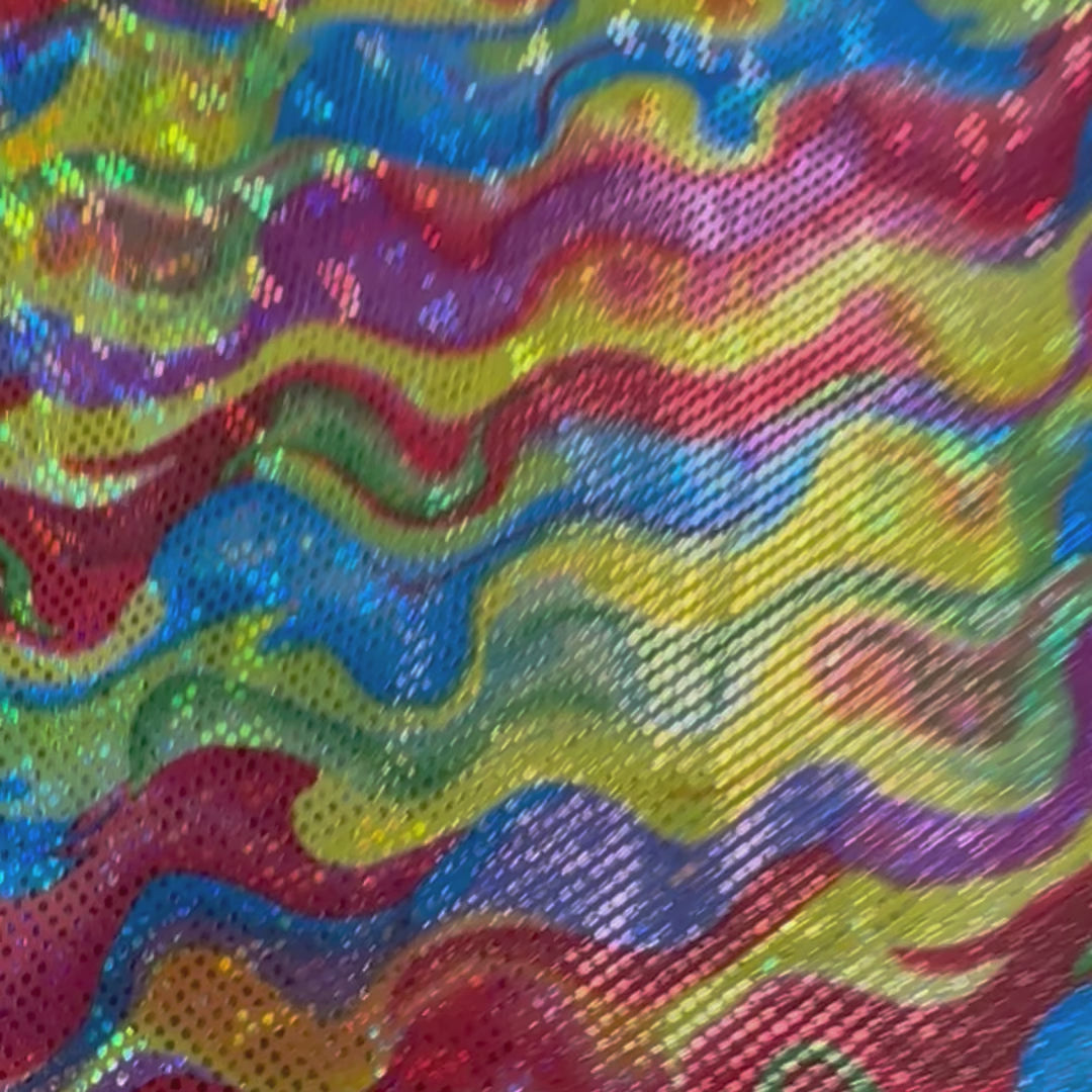 4 Way Stretch Polyester Spandex Water Canon Hologram | Spandex Palace Red Yellow Blue