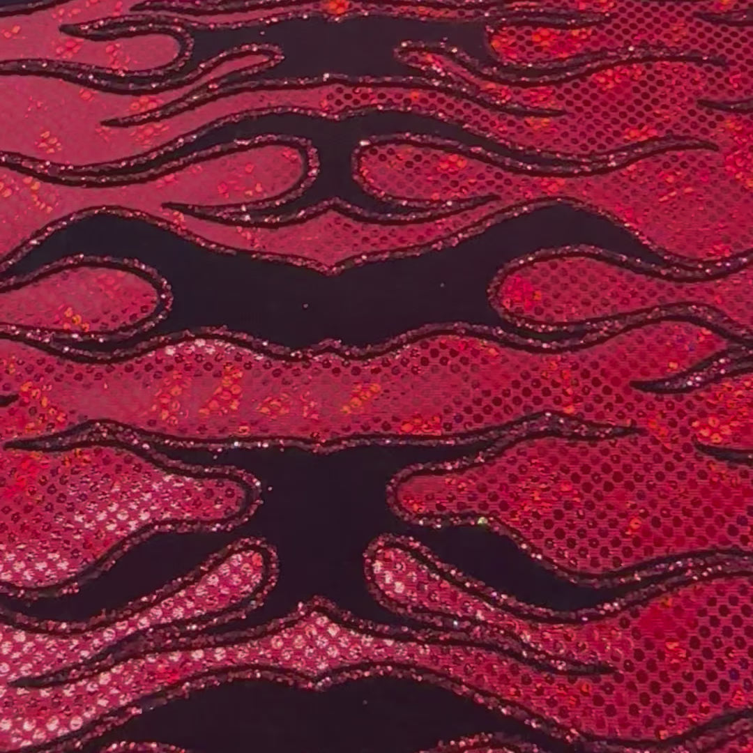 4 Way Nylon Spandex  Fabric  Hologram With Flocking Flame | Spandex Palace Black Red