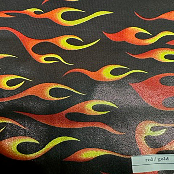 4 Way Stretch Polyester Spandex  Flying Flame Foggy Foil | Spandex Palace Black Red Gold