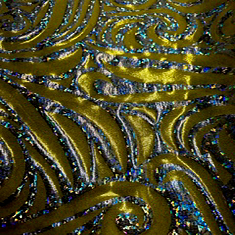 4 Way Stretch Nylon Spandex Fabric  Paisley Foggy Foil | Spandex Palace Yellow Gold Silver