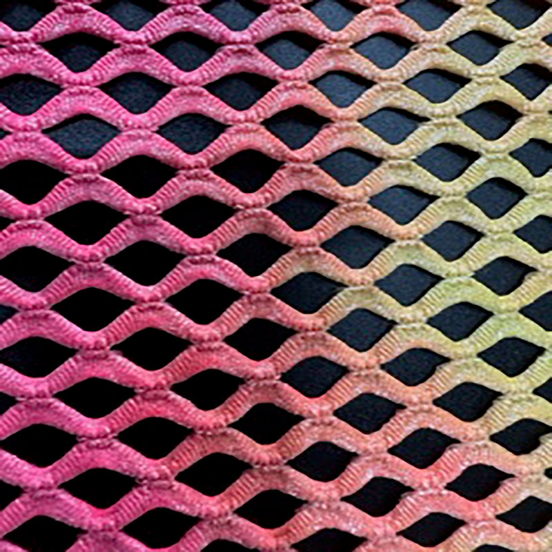2 Way Stretch Pentagon Tie Dye Diamond  Fish Net With Silver Foil | Spandex Palace Pink Yellow Orange