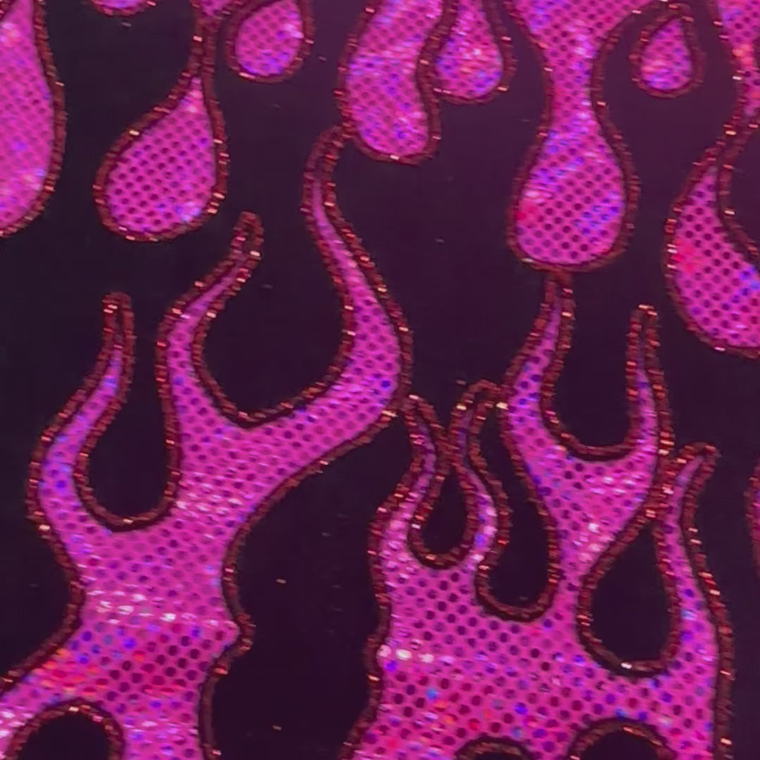 4 Way Nylon Spandex  Fabric  Hologram With Flocking Flame | Spandex Palace Hot Pink