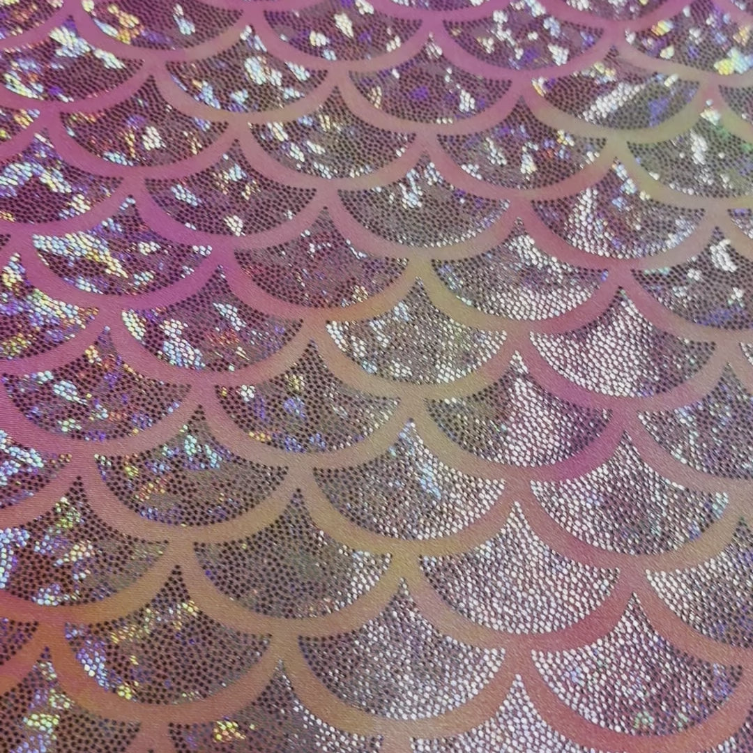 Shell Jumbo Hologram Tie Dye Stretch Nylon Spandex Tricot Fabric | Spandex PalacePink Orange Silver